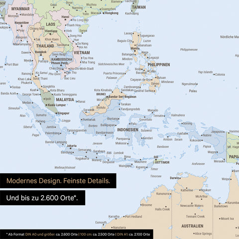 Uitsnede van wereldkaartposter in multicolor atlas toont kaarten van Azië