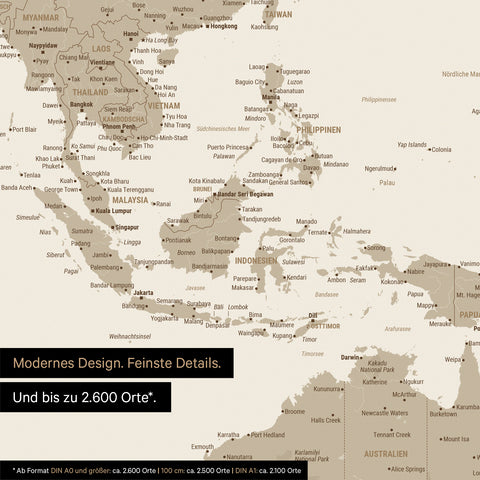 Uitsnede van wereldkaartposter in Desert Sand (Beige) toont kaarten van Azië