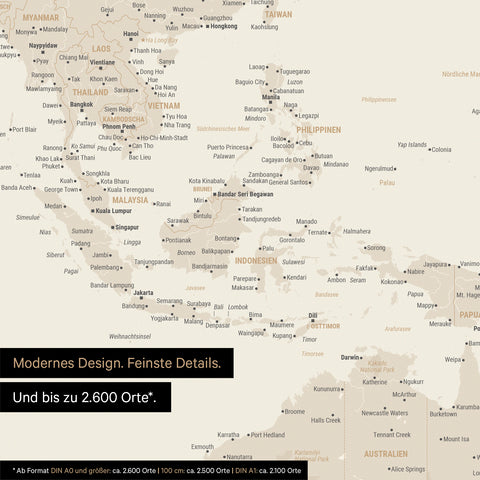 Fragment van wereldkaartposter in goud toont kaarten van Azië