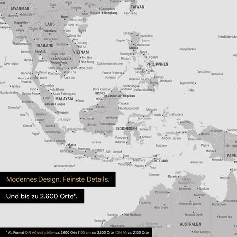 Uitsnede van wereldkaartposter in lichtgrijs toont kaarten van Azië