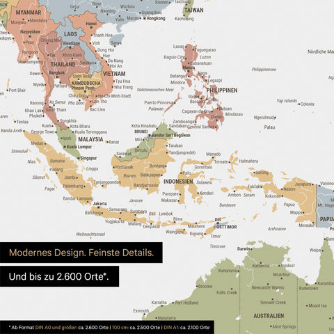 Uitsnede van wereldkaartposter in multicolor sienna toont kaarten van Azië