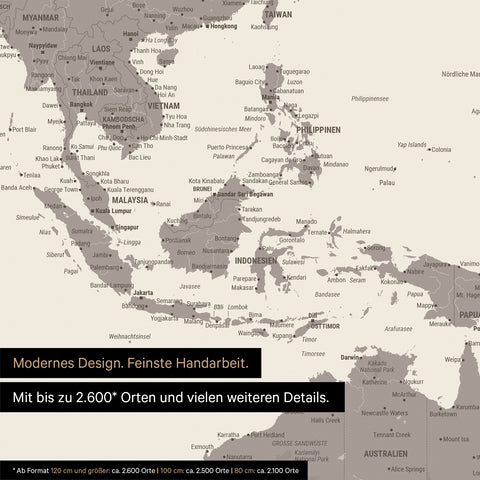 Uitsnede van wereldkaartposter in Warmgrijs (bruin-grijs) toont kaarten van Azië