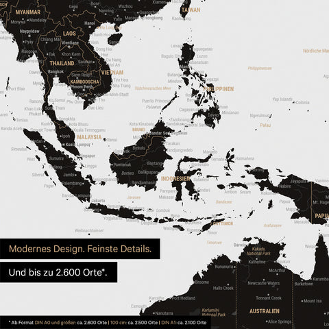 Uitsnede van wereldkaartposter in licht zwart toont kaarten van Azië