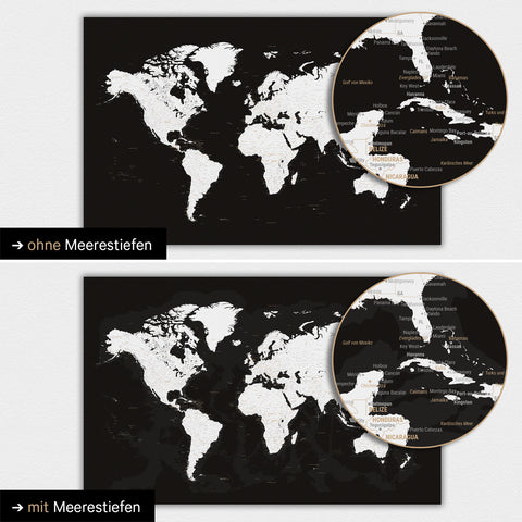 World map in black and white with two-dimensional sea depths