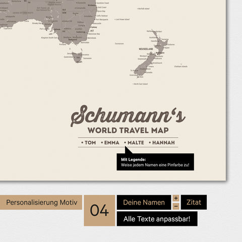 Wereldkaart in kleur Warmgrijs (Bruin-Grijs) met personalisatie als familie-logo