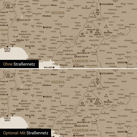 Landkarte von Afrika als Pinn-Leinwand in Desert Sand (Beige) wahlweise mit oder ohne eingedrucktem Straßennetz