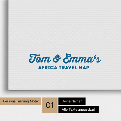 Afrika-Karte als Pinnwand Leinwand in Blau mit Personalisierung und Eindruck von deinen Namen
