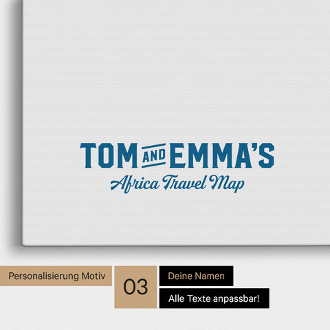 Personalisierung einer Afrika-Karte Pinnwand in Blau mit einem Logo im Vintage-Look