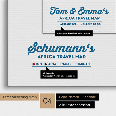 Pinnwand Leinwand einer Afrika-Karte in Blau mit Personalisierung als Logo mit Familiennamen und Legende