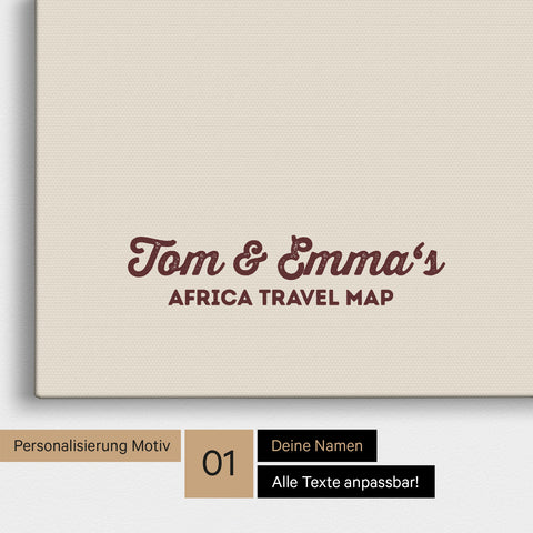 Afrika-Karte als Pinnwand Leinwand in Bordeaux-Rot mit Personalisierung und Eindruck von deinen Namen
