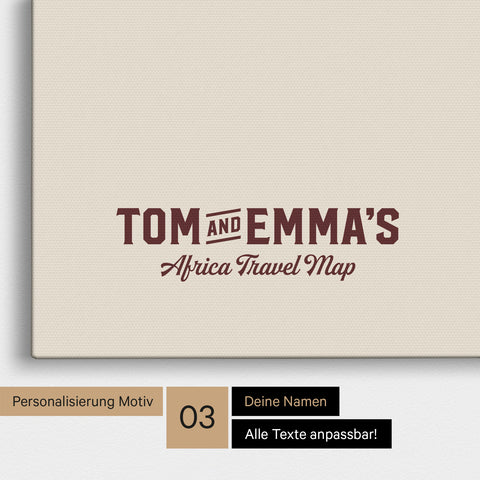 Personalisierung einer Afrika-Karte Pinnwand in Bordeaux-Rot mit einem Logo im Vintage-Look