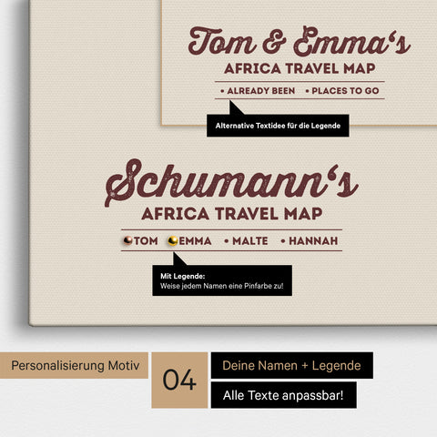 Pinnwand Leinwand einer Afrika-Karte in Bordeaux-Rot mit Personalisierung als Logo mit Familiennamen und Legende