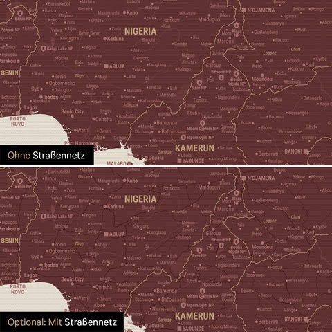 Landkarte von Afrika als Pinn-Leinwand in Bordeaux-Rot wahlweise mit oder ohne eingedrucktem Straßennetz