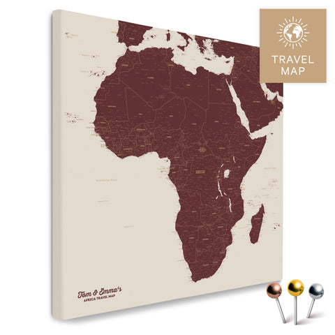 Afrika-Karte in Bordeaux-Rot als Pinn-Leinwand, perfekt zum Markieren und Planen von Reisen, hier kaufen