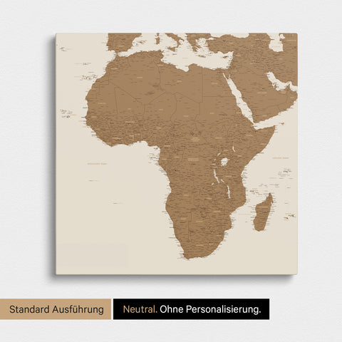 Neutrale und schlichte Ausführung einer Afrika-Karte als Pinn-Leinwand in Bronze ohne Personalisierung