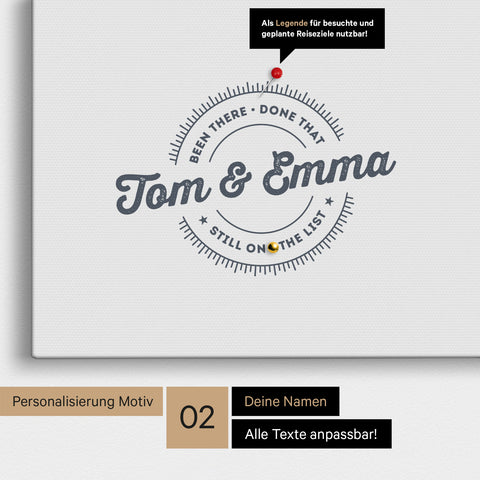 Personalisierte Afrika-Karte als Pinn-Leinwand in Denim Blue mit eingedruckten Namen und einer Legende zur Markierung von besuchten Orten