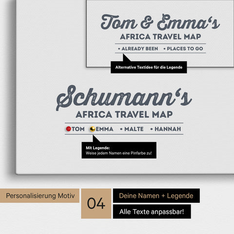 Pinnwand Leinwand einer Afrika-Karte in Denim Blue mit Personalisierung als Logo mit Familiennamen und Legende