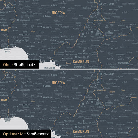 Landkarte von Afrika als Pinn-Leinwand in Denim Blue wahlweise mit oder ohne eingedrucktem Straßennetz