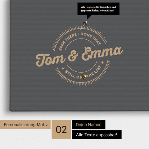 Personalisierte Afrika-Karte als Pinn-Leinwand in Dunkelgrau mit eingedruckten Namen und einer Legende zur Markierung von besuchten Orten