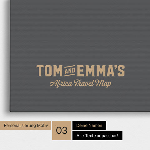 Personalisierung einer Afrika-Karte Pinnwand in Dunkelgrau mit einem Logo im Vintage-Look