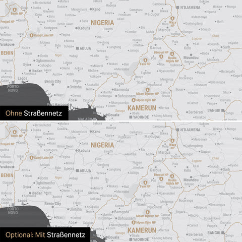 Landkarte von Afrika als Pinn-Leinwand in Dunkelgrau wahlweise mit oder ohne eingedrucktem Straßennetz