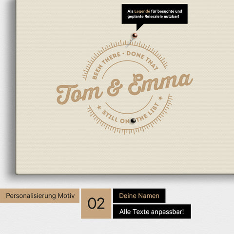 Personalisierte Afrika-Karte als Pinn-Leinwand in Gold mit eingedruckten Namen und einer Legende zur Markierung von besuchten Orten