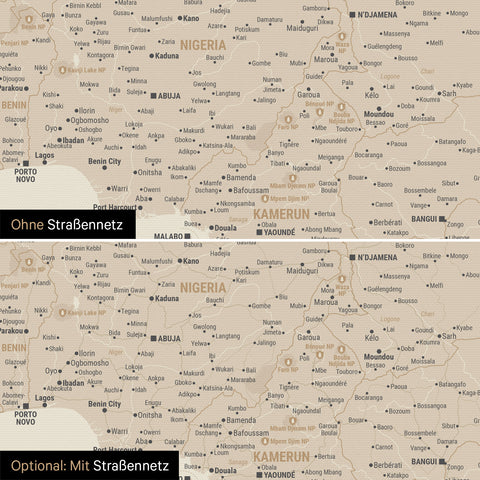 Landkarte von Afrika als Pinn-Leinwand in Gold wahlweise mit oder ohne eingedrucktem Straßennetz