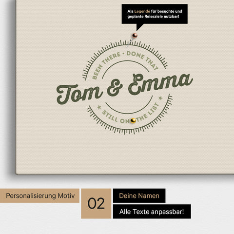 Personalisierte Afrika-Karte als Pinn-Leinwand in Dunkelgrün mit eingedruckten Namen und einer Legende zur Markierung von besuchten Orten