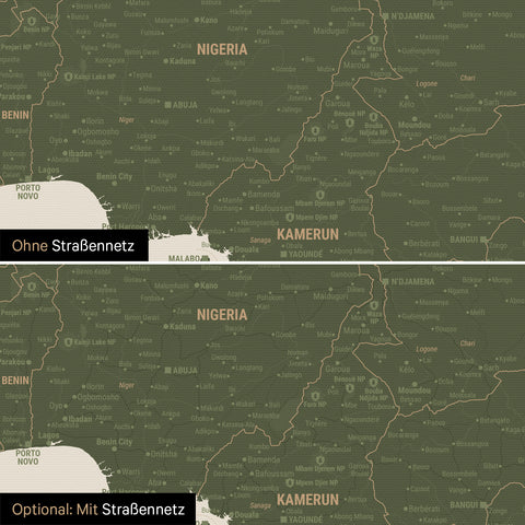 Landkarte von Afrika als Pinn-Leinwand in Dunkelgrün wahlweise mit oder ohne eingedrucktem Straßennetz