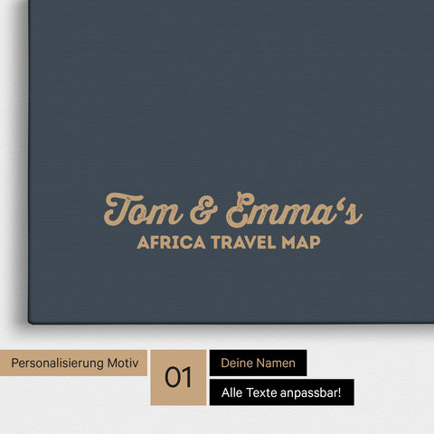 Afrika-Karte als Pinnwand Leinwand in Hale Navy (Dunkelblau-Gold) mit Personalisierung und Eindruck von deinen Namen