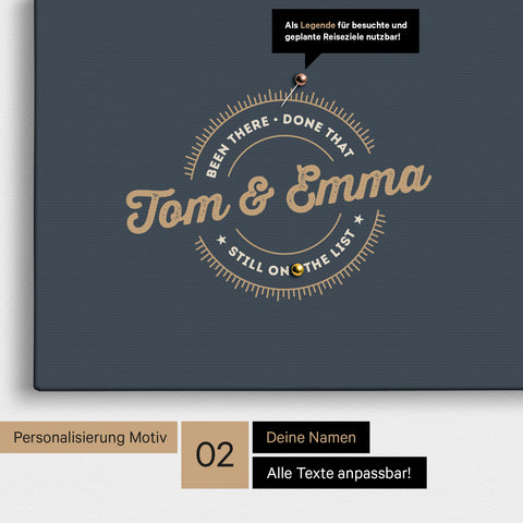 Personalisierte Afrika-Karte als Pinn-Leinwand in Hale Navy (Dunkelblau-Gold) mit eingedruckten Namen und einer Legende zur Markierung von besuchten Orten