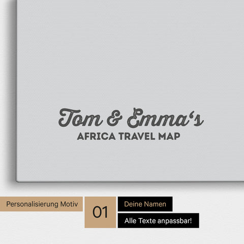Afrika-Karte als Pinnwand Leinwand in Hellgrau mit Personalisierung und Eindruck von deinen Namen