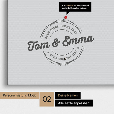 Personalisierte Afrika-Karte als Pinn-Leinwand in Hellgrau mit eingedruckten Namen und einer Legende zur Markierung von besuchten Orten