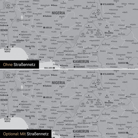 Landkarte von Afrika als Pinn-Leinwand in Hellgrau wahlweise mit oder ohne eingedrucktem Straßennetz