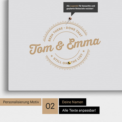 Personalisierte Afrika-Karte als Pinn-Leinwand in Light Gray mit eingedruckten Namen und einer Legende zur Markierung von besuchten Orten