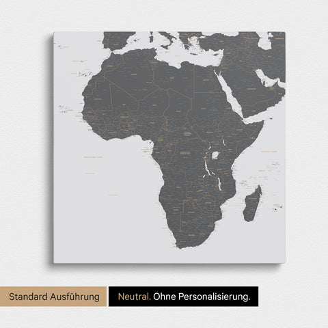 Neutrale und schlichte Ausführung einer Afrika-Karte als Pinn-Leinwand in Light Gray ohne Personalisierung