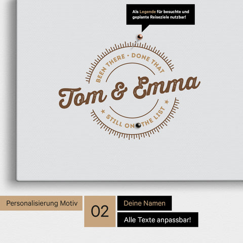 Personalisierte Afrika-Karte als Pinn-Leinwand in Multicolor Beige mit eingedruckten Namen und einer Legende zur Markierung von besuchten Orten