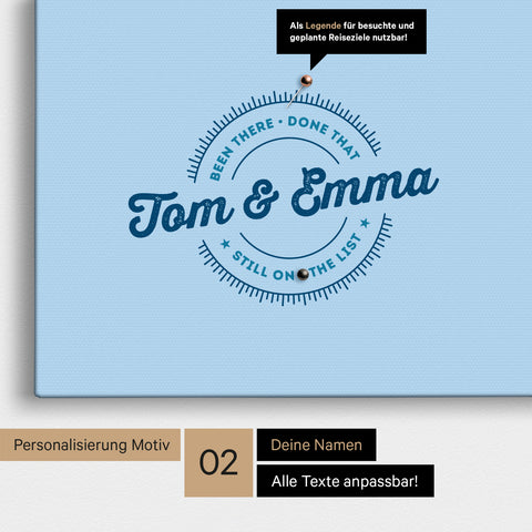 Personalisierte Afrika-Karte als Pinn-Leinwand in Multicolor Classic mit eingedruckten Namen und einer Legende zur Markierung von besuchten Orten