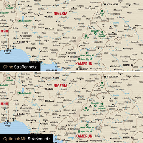 Landkarte von Afrika als Pinn-Leinwand in Multicolor Classic wahlweise mit oder ohne eingedrucktem Straßennetz