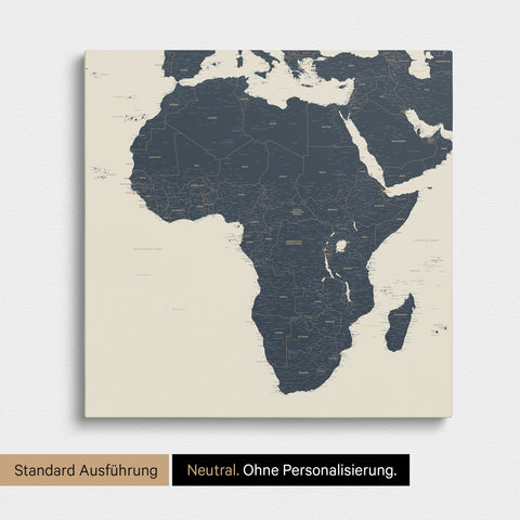 Neutrale und schlichte Ausführung einer Afrika-Karte als Pinn-Leinwand in Navy Light ohne Personalisierung