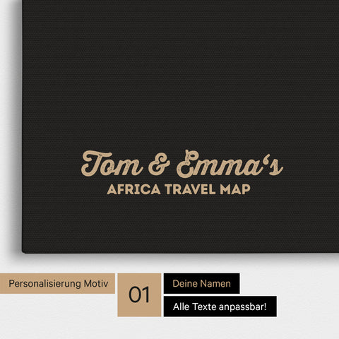 Afrika-Karte als Pinnwand Leinwand in Schwarz-Weiss mit Personalisierung und Eindruck von deinen Namen