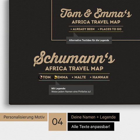 Pinnwand Leinwand einer Afrika-Karte in Schwarz-Weiss mit Personalisierung als Logo mit Familiennamen und Legende