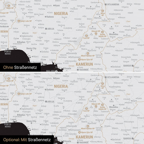 Landkarte von Afrika als Pinn-Leinwand in Schwarz-Weiss wahlweise mit oder ohne eingedrucktem Straßennetz