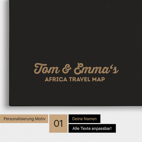 Afrika-Karte als Pinnwand Leinwand in Sonar Black (Schwarz-Gold) mit Personalisierung und Eindruck von deinen Namen