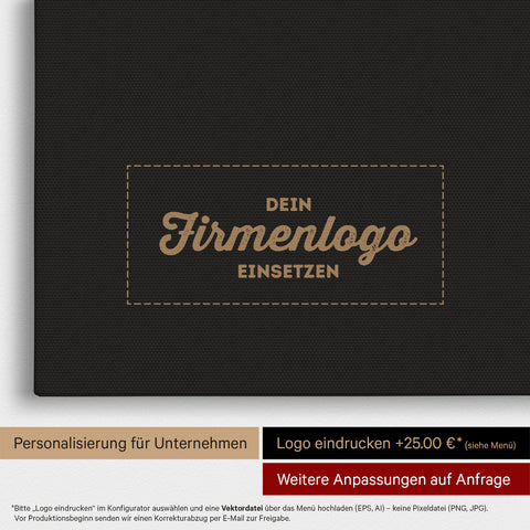 Afrika-Karte als Pinn-Leinwand in Sonar Black (Schwarz-Gold), auf die ein Firmenlogo eingedruckt werden kann und weitere Individualisierungen als Sonderanfertigung vorgenommen werden können