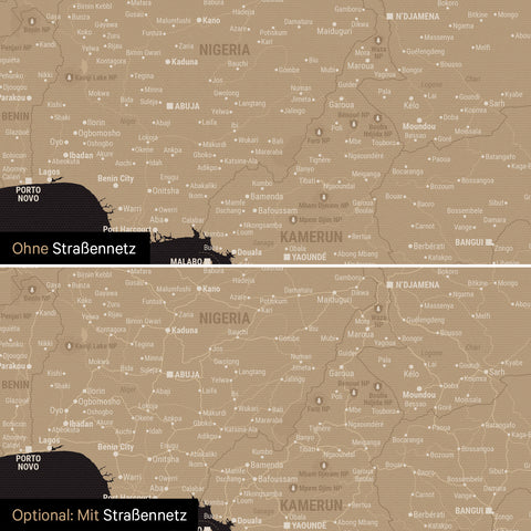 Landkarte von Afrika als Pinn-Leinwand in Sonar Black (Schwarz-Gold) wahlweise mit oder ohne eingedrucktem Straßennetz