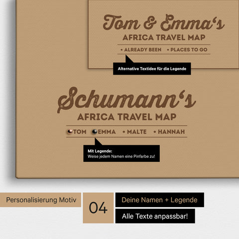 Pinnwand Leinwand einer Afrika-Karte in Treasure Gold (Gold-Beige) mit Personalisierung als Logo mit Familiennamen und Legende