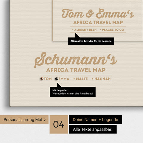 Pinnwand Leinwand einer Afrika-Karte in Warmgray (Braun-Grau) mit Personalisierung als Logo mit Familiennamen und Legende