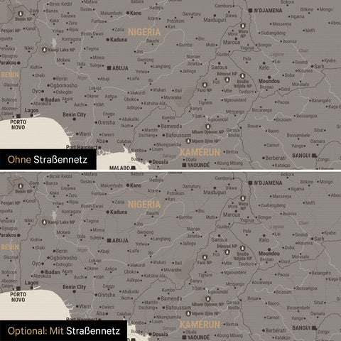 Landkarte von Afrika als Pinn-Leinwand in Warmgray (Braun-Grau) wahlweise mit oder ohne eingedrucktem Straßennetz