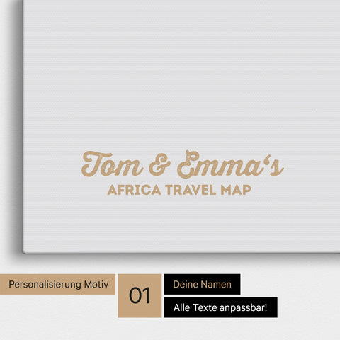 Afrika-Karte als Pinnwand Leinwand in Light Black (Weiss-Schwarz) mit Personalisierung und Eindruck von deinen Namen